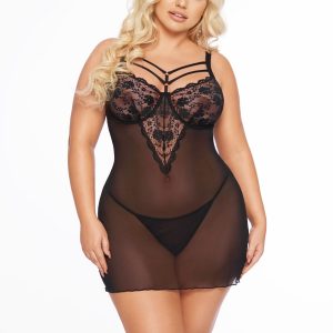 Sexy Chemise Plus Size in tulle e pizzo nero