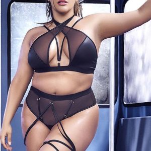 Mapalè lingerie: sexy completino curvy wetlook con inserti in tulle trasparente