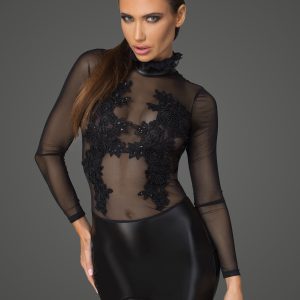 Noir Handmade: sexy miniabito in tessuto wetlook e tulle con elegante ricamo