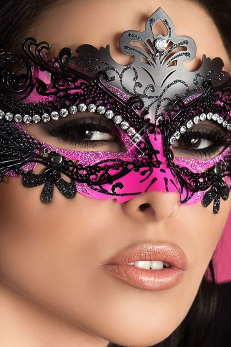Chilirose Lingerie: sexy maschera nera e rosa in metallo filigranato con strass - immagine 2