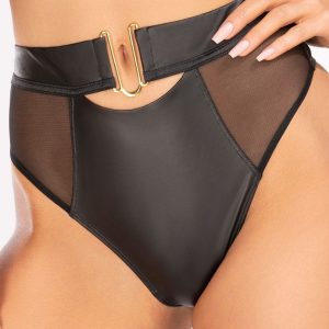 Axami Lingerie: sexy perizoma a vita alta in ecopelle nera con inserti in tulle