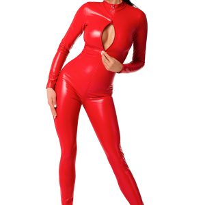 Tuta aderente rossa in tessuto wetlook con zip