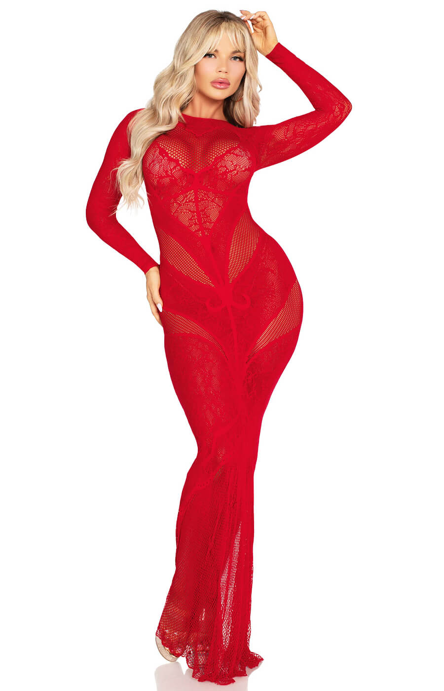 Abito Lungo Leg Avenue in pizzo e rete nero o rosso - immagine 8