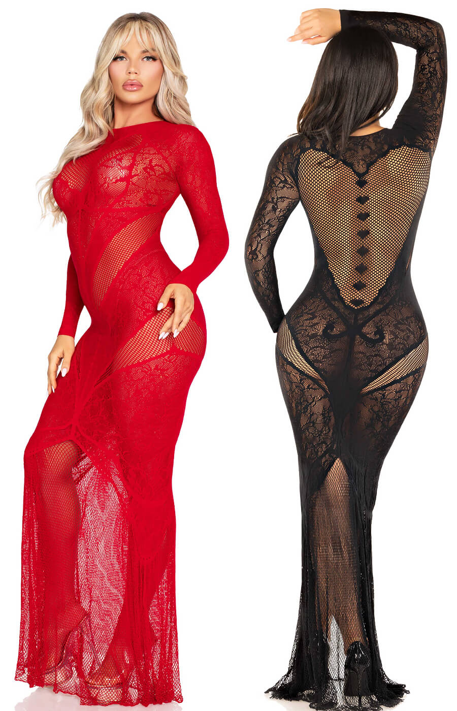 Abito Lungo Leg Avenue in pizzo e rete nero o rosso - immagine 5