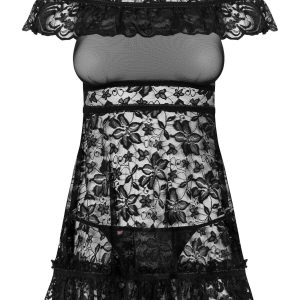 Babydoll nero in pizzo Obsessive Flores con perizoma incluso