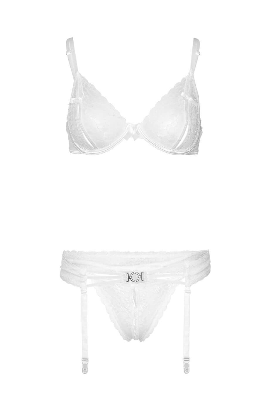 Be Mine Set Reggiseno e Perizoma in Pizzo Bianco con Reggicalze - immagine 4