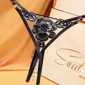 Perizoma aperto Nero con perle e ricamo floreale