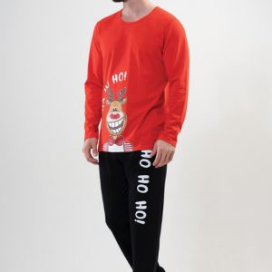 Pigiama natalizio uomo in cotone – Renna e scritta Ho Ho Ho