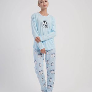 Pigiama donna azzurro in cotone con stampa pinguini – Vienetta