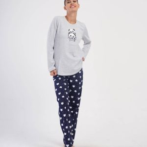 Adorabile pigiama donna panda grigio e stelle blu By Vienetta