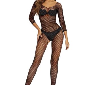 Bodystocking nera rete a rombi con maniche 3/4 – Softline