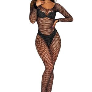 Bodystocking rete larga manica lunga in nero e pink – Softline