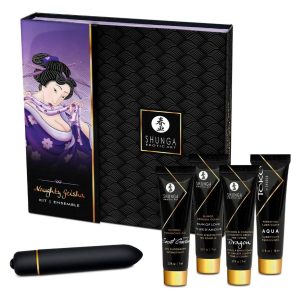 Cofanetto sensoriale con mini gel e massaggiatore Naughty Geisha