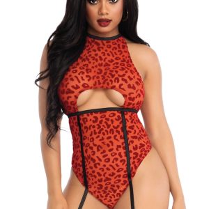 Leg Avenue Lingerie: body reggicalze leopardato rosso