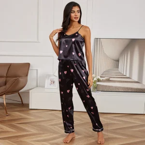 Pigiama Donna di Seta Nero con Cuori Rosa