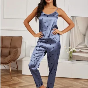 Pigiama Donna di Seta Blu con Cuori Neri